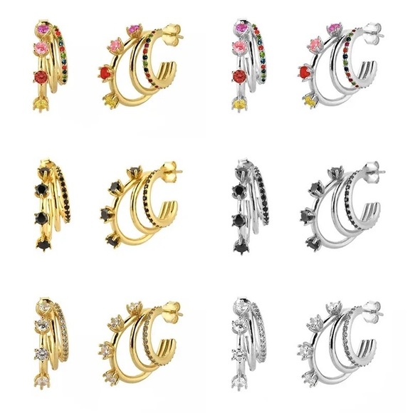 1pair Anthro 3-Hoops Gold Floral Black Multiple Slide-on Clip Ear Cuff Earrings - Picture 2 of 16